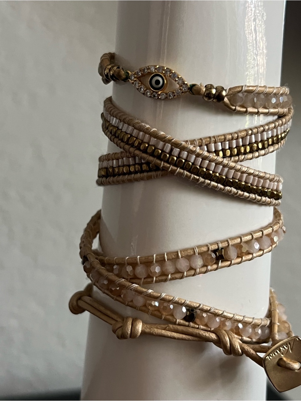 Nakamol Gold and Beige Beaded Wrap Bracelet with Evil Eye Charm